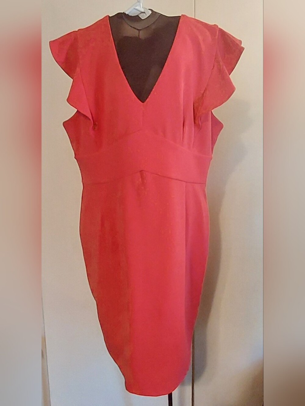 DKNY Coral-Pink V-Neck Ruffle Midi Dress